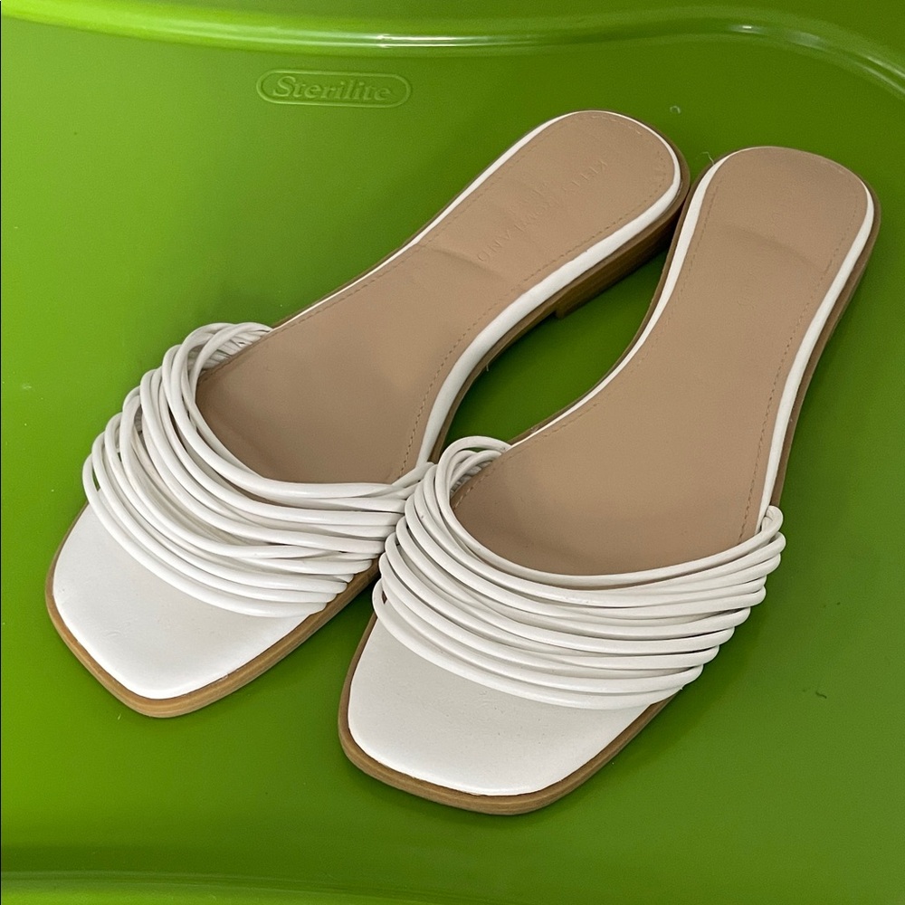 Kelly Rowland for JustFab layered straps white narrow flat sandals preppy garden